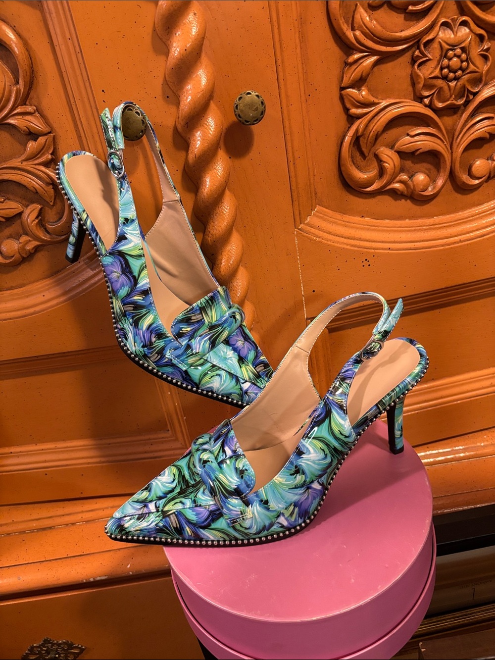 Floral Print Pointed-Toe Slingback Heels in Teal and Purple